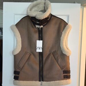 Zara Tan and Cream Shearling Vest